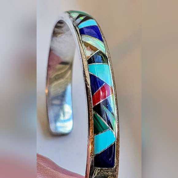 Navajo sterling silver, multi stone inlay cuff. Artist: Steve Fransico (SF) EUC - Picture 11 of 15